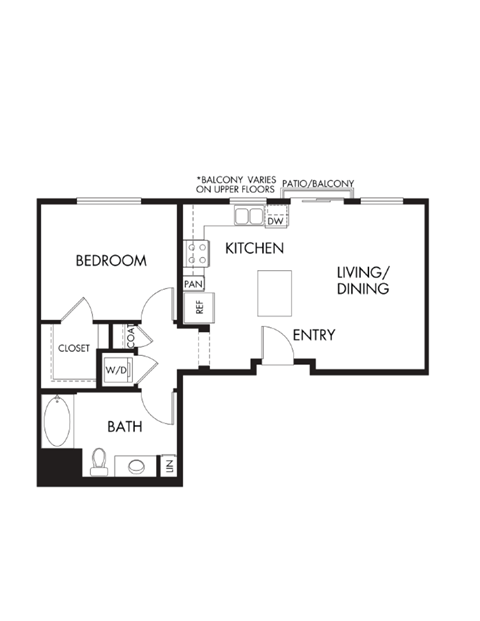 Floor plan for 1 bed, 1 bath, 718 sqft